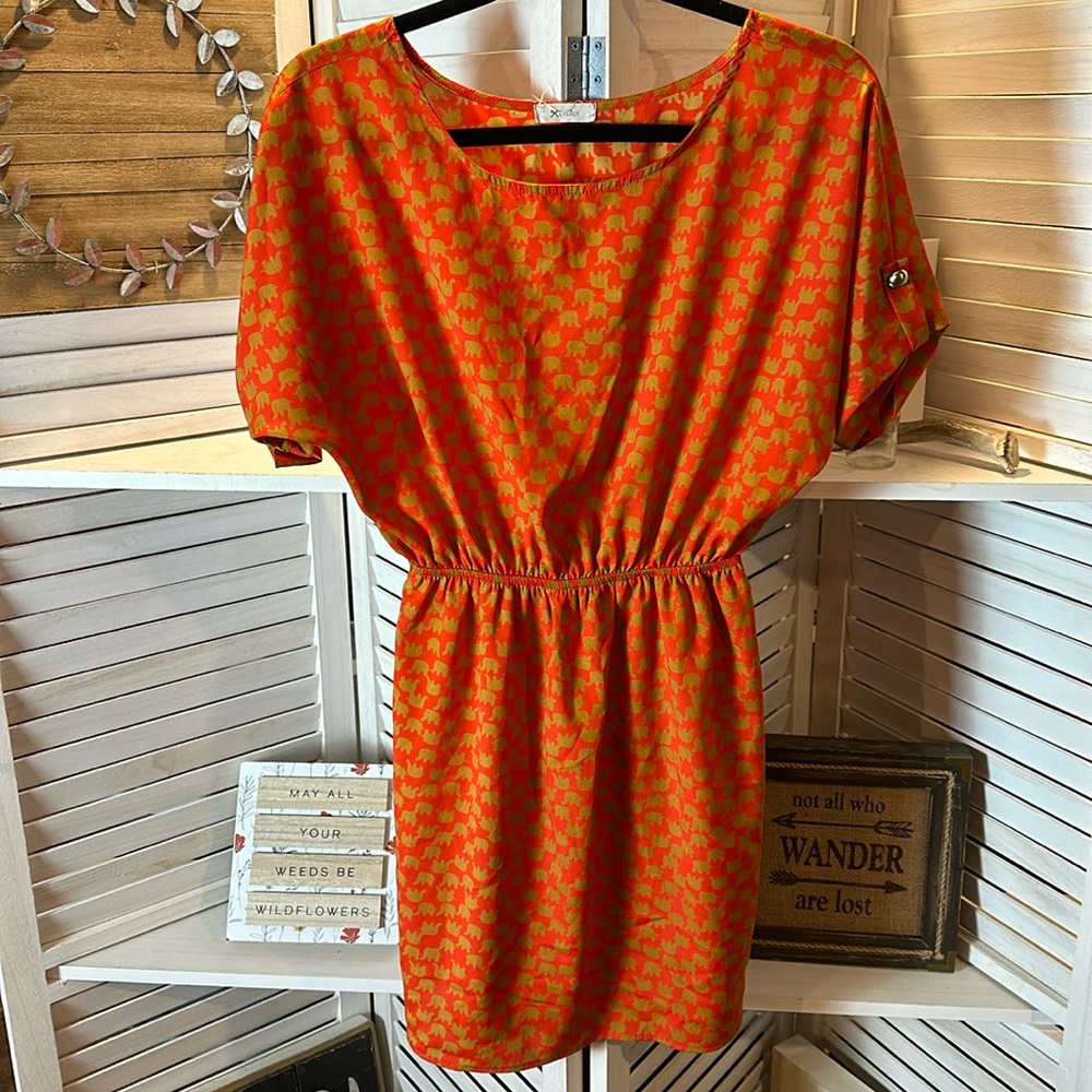 Everly Elephant Mini Cinch Waist Dress Orange and Gold